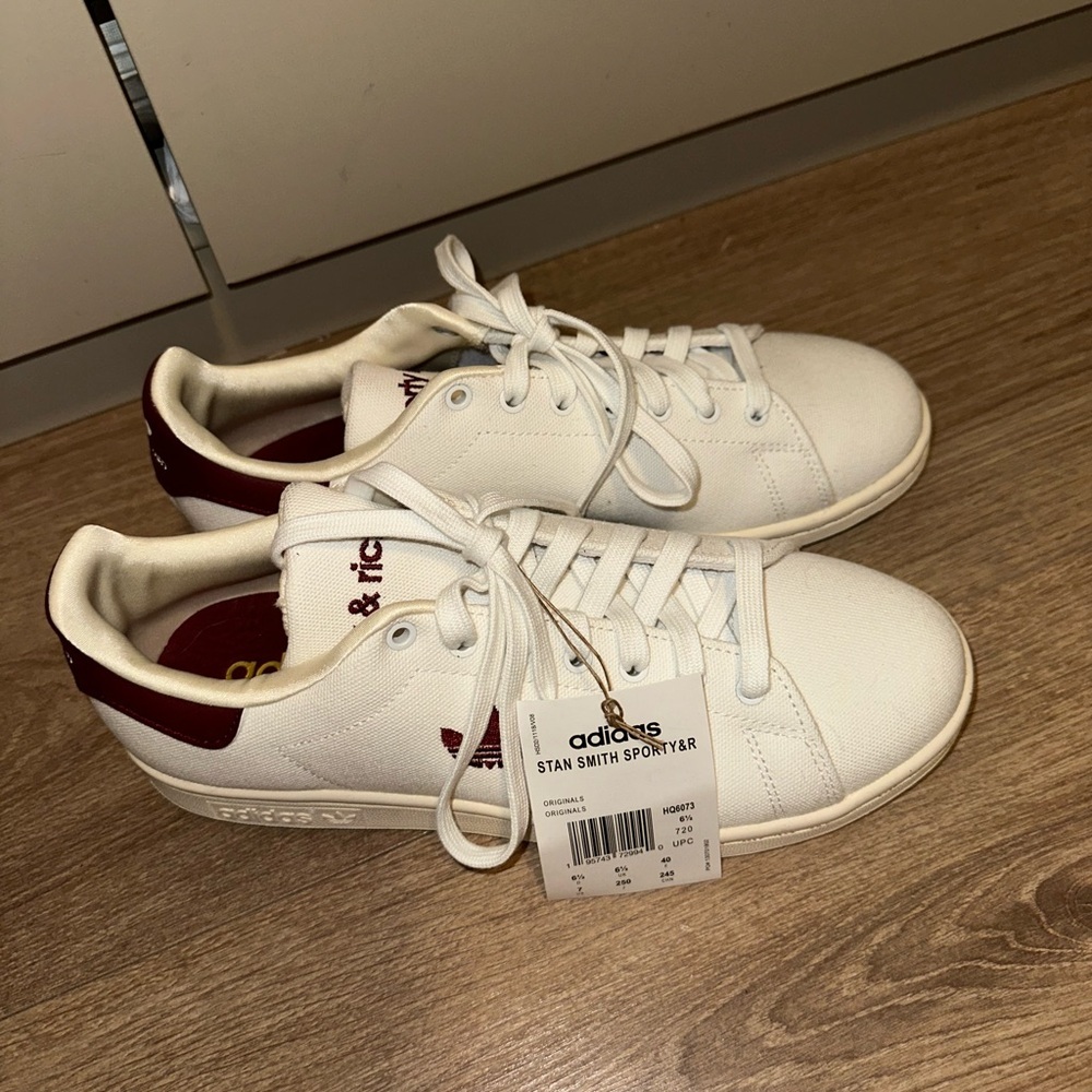 Adidas x Sporty & Rich Stan Smith White and Burgundy Sneakers Size US 7M (W8.5) - Picture 4 of 9